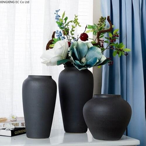 Black Frosted Ceramic Vase Dried Flower Decoration American Retro Pottery Living Room Art Flower Arrangement Accessories