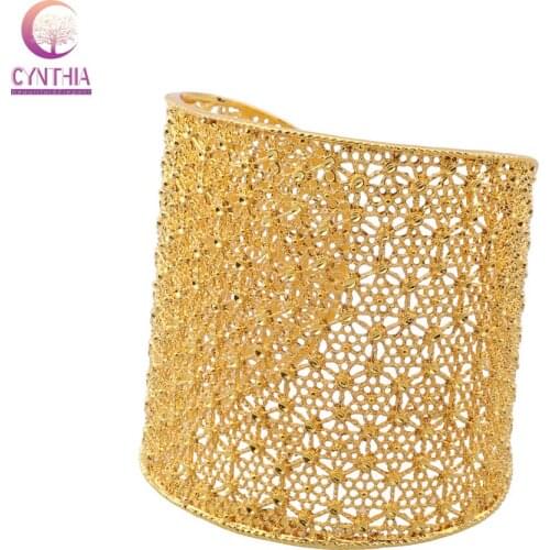 CYNTHIA Gold Color Wide Bridal Hand Bangle Hollow Design Open Cuff Bracelet Arabic Luxury Bridal Jewelry Moroccan Jewelry