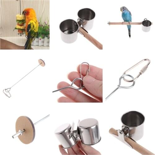 Food Water Feeding Bird Double Cups With Clip Stainless Steel Parrot Cage Stand Fruit Spear Stick Meat Skewer