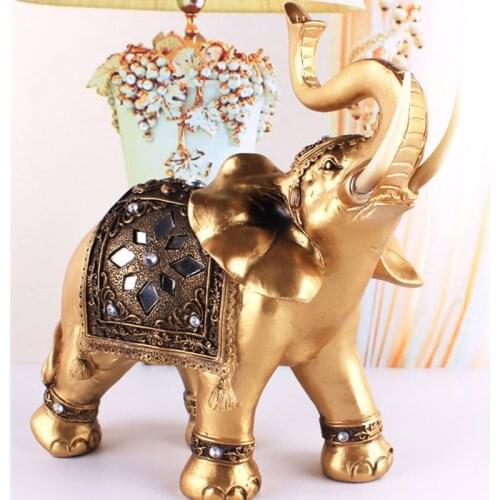 Lucky Feng Shui Elegant Elephant Trunk Statue Lucky Wealth Figurine Crafts Ornaments Home Gift Golden Resin Elephant Statue