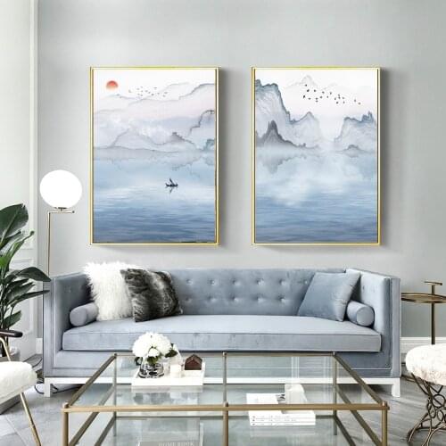 Art Painting Blue Canvas Painting Animal Flying Crane and Lakeside Scenery Home Bedroom Wall Decoration Frameless Style