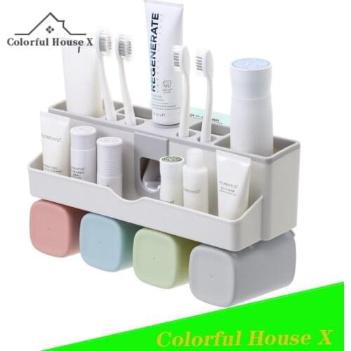 Multifunction ABS+PP Toothbrush Holder Bathroom Shelf Punch-Free Wall Suctionwash Set Automatic Toothpaste Squeeze Accessories