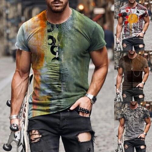 Abstract Printed Casual Tops Men New Fashion Summer Slim Short Sleeves Tops Round Neck T-Shirts Plus Size