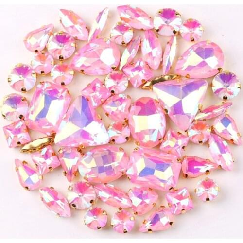 Gold claw setting 50pcs/bag shapes mix jelly candy Pink AB glass crystal sew on rhinestone wedding dress shoes bags diy