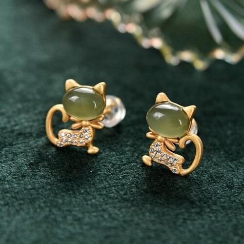 Independent design natural Hetian jade blue fashion personality exquisite and elegant kitty temperament ladies earrings