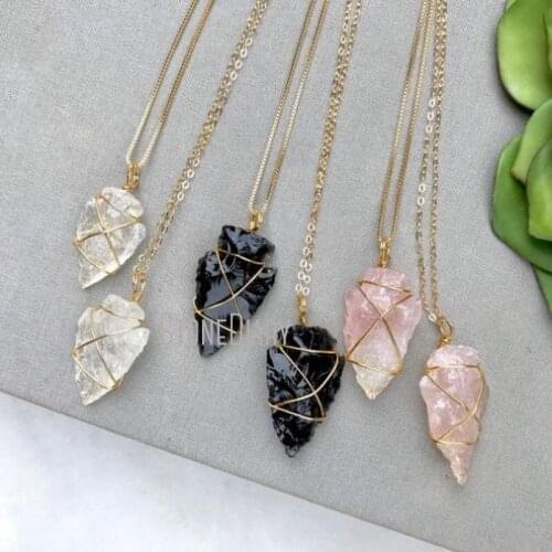 NM36596 Small Arrowhead Black Obsidian Necklace Rose Quartz Arrow Head Clear Crystal Boho Wire Wrapped Gold Filled Necklace