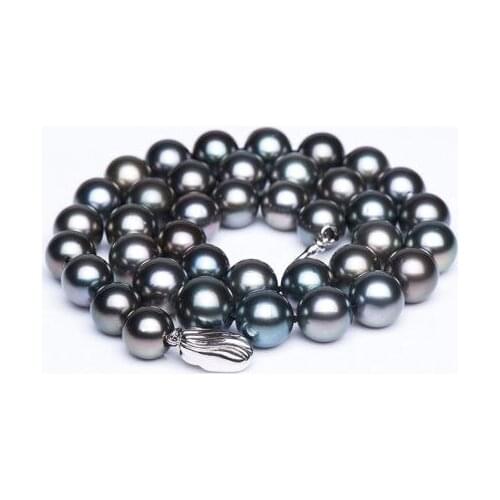 18"11-12MM TAHITIAN NATURAL BLACK GREEN PEARL NECKLACE 925s