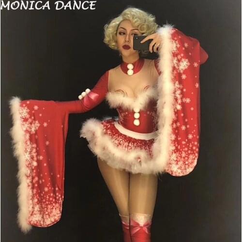 Christmas Women Sexy Red Short White Fluff Skirt & Coat Nightclub Party Stage Wear Bodysuit Dancer Singer Bling Dance Bodysuit