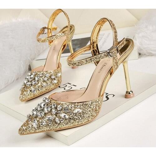 Wedding Shoes Bride Glitter Heels Slingback Crystal Shoes Rhinestone Heels Elegant Shoes For Woman Ladies High Heels Sexy Buty