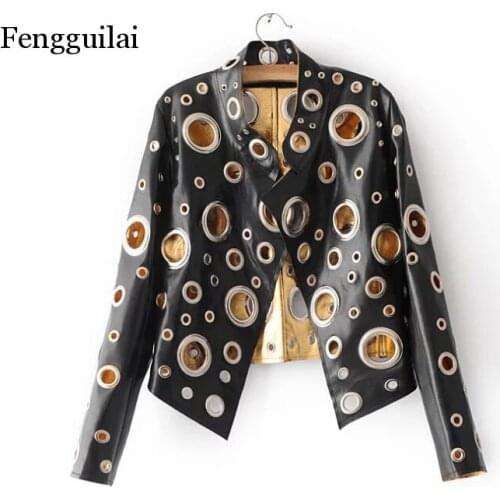 Autumn New Ladies Hollow Metal Color Motorcycle Leather Jacket Punk-style Ladies PU Leather Coat