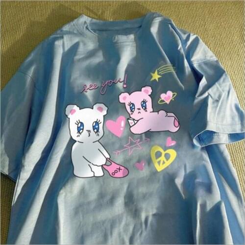 Cute Print T-shirt Women Lovely Style Short Sleeve Round Collar Tops Woman Cartoon Print T-shirts Woman
