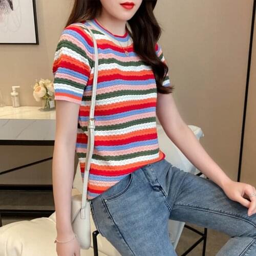 Free shipping Womens Fashion Summer Sweet Rainbow Stripe Woman T-shirt Round Neck Short Sleeve Knitted Tops Female cropped top