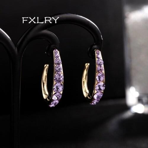 FXLRY New Half Circle C-shaped Earrings Female Copper Inlaid Crystal Purple Earrings For Women Jewelry