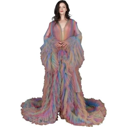 Elegant Colorful Evening Dresses Robes for Photo Shoot Baby Shower Long Sleeves Ruffle Women Dress Photography Robe Real Images