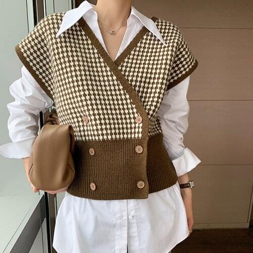 Elegant Sweater Vest Women Autumn Coffee Casual Plaid V-Neck Sleeveless Knitted Pullover Coat Vintage Loose Female Waistcoat Top