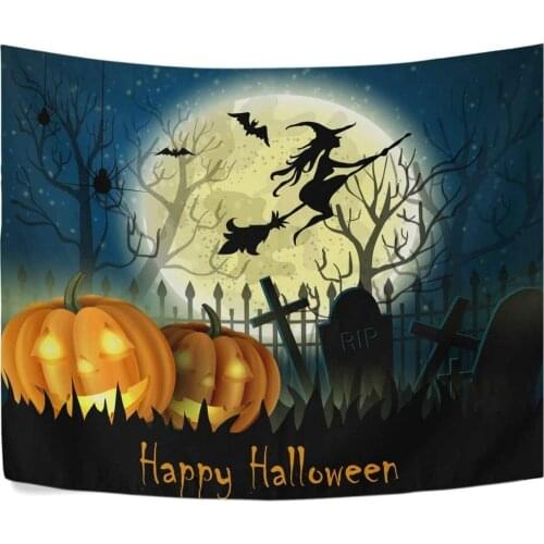 Happy Halloween Spooky Tapestry Witch Riding a Magic Broom Backdground Wall Hanging Art Decoration Family Holiday Party Decor
