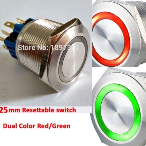 25mm 6V 12V 24V Dual double color RED/ GREEN Momentary 2no2nc RESET metal car push button switch with ring LED resettable switch