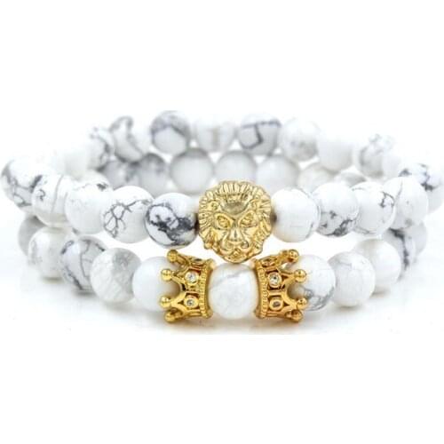 8mm 2PCS/Lot kh5 elastic adjusted nature stone agate Onyx black volcanic lava white Howlite lion Crown Bracelet Bangles