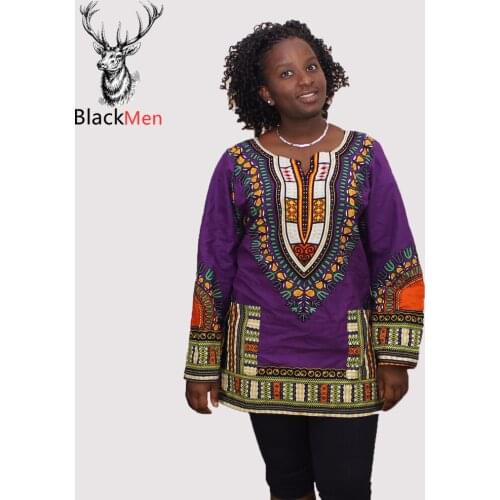 African dresses for women Girls Purple Full Shirt Autumn Fashion Cotton Long Sleeve Floral Dashiki T-shirt with Pockets