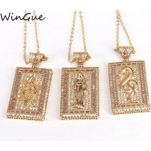 CZ Micro Pave Virgin Mary Pendant Necklace, Turkish Eye, Snake Rectangle Necklace Women Men Fashion Jewelry