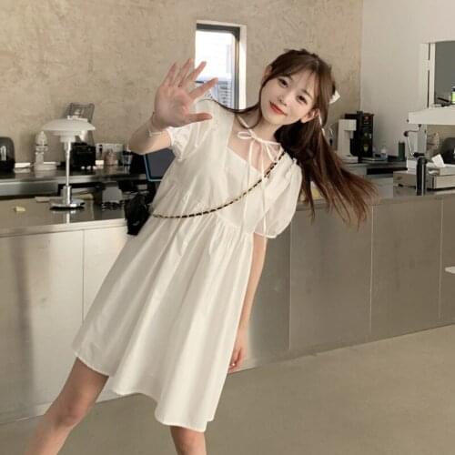 French White Square-Cut Collar Lace-up High Waist Slimming Bubble Short Sleeve Dress Female Summer tea party lolita dress