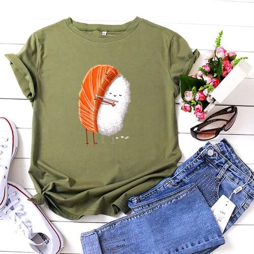 Sushi Hug Print T Shirt Women Funny Tshirts Women Cotton Short Sleeve Harajuku Fashion T Shirts Loose Tee Shirt Femme Tees Tops