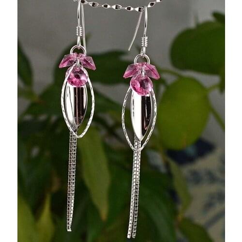 Guarantee Plain 925 Sterling Silver, Crystal Leaf Earrings, 60 mm, 2.8g, EA31083-pink