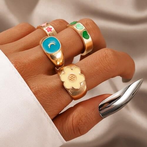Sweet Gold Flower Heart Moon Star Rings for Women Fashion Colorul Aesthetic Party Rings Set Female Jewelry Accessories