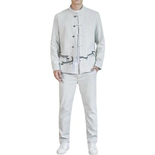 2021 New Cotton Linen Embroidery Suits, Fashionable Chinese Style Stand-up Collar Men Blazers and Lace-up Trousers