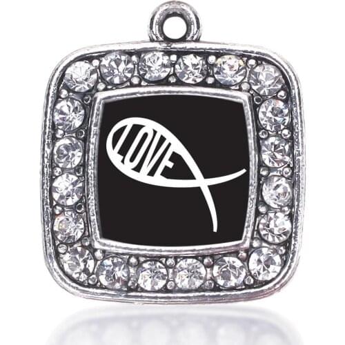 CHRISTIAN FISH LOVE CHROMOSOME 21 CHEESEBURGER SQUARE CHARM ANTIQUE SILVER PLATED CRYSTAL JEWELRY