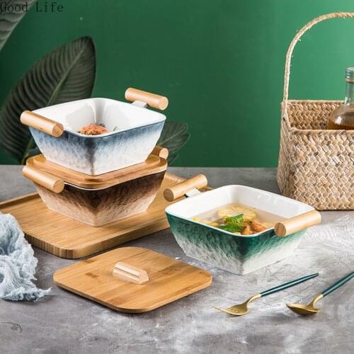 Japanese Style Noodle Bowl With Lid Stone Pattern Ceramic Binaural Anti-Scalding Heat-Resistant Soup Bowl Fruit Salad Bowl