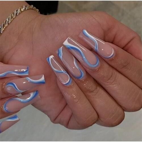 24pcs blue white Wavy lines Detachable Long Ballerina False Nails With Design Wearable Fake Nails Full Cover Nail Tips JP1094