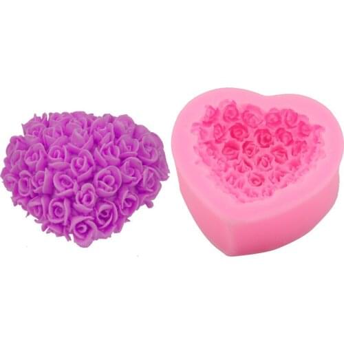 NEW 3D Rose Flower Bouquet Loving Heart Shape Valentines Day Gift Present Fondant Cake Mold Silicone Sugar Chocolate Tools