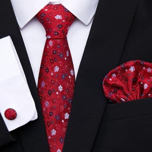 New Red Tie Silk Woven Men Tie Necktie Hanky Cufflinks Set Luxury Mens Party Corbatas Office Gravatas