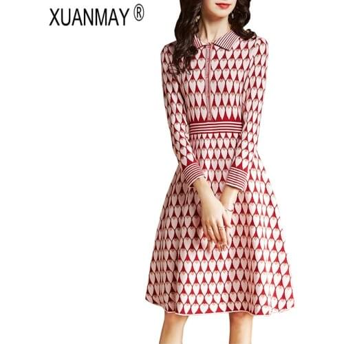 Autumn womens Long style Sweater Streetwear Elegant Long style Sweater dress red jacquard pattern autumn sweater female