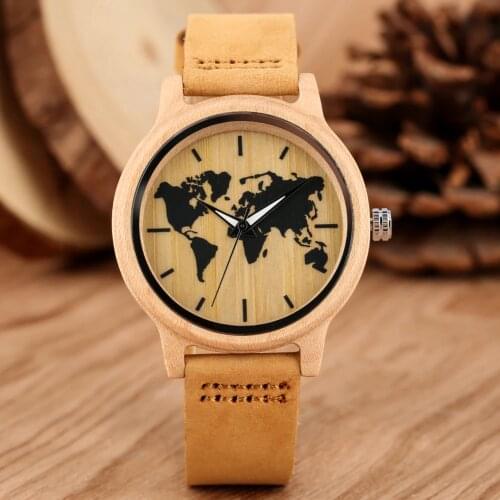 Carving World Map Wooden Watch Men Women Fashion Bamboo Wood Watches Handmade Wristwatch Genuine Leather Band Quartz Bangle