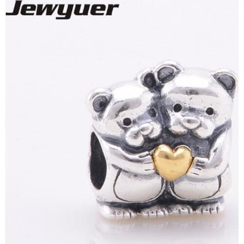 Silver Bear Hug Charms with gold heart fit 925 sterling silver beads bracelets diy pendant for jewelry making Memnon GD030