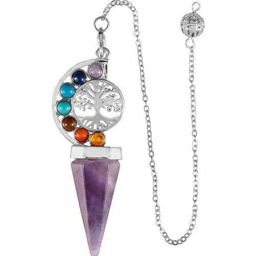 SUNYIK 7 Chakra Stones Healing Crystal Point Pendulum Tree of Life Wicca Balancing Dowsing Pendant Pendulum for Reiki Divination