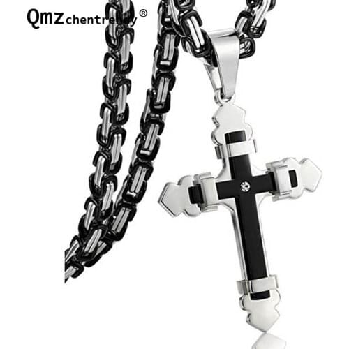 Womens 5mm Chain 316L Stainless Steel Cross Pendant Necklace Men Flat Byzantine Chain Link Necklace Jewelry Drop Shipping