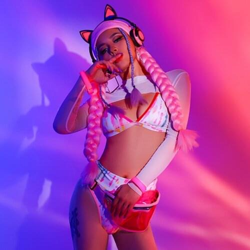 Women Sexy Pole Dance Clothing Fluorescence Leopard Bikini Sexy Nightclub Bar Pub Dj Ds Rave Clothes Gogos Stage Outfit BL5260