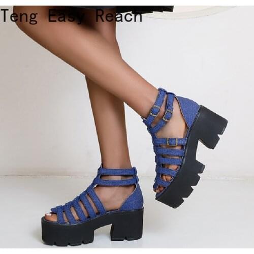 Black Platform Women Sandals Summer 2021 Female Shoes Woman Block Heel Fashion Buckle cowboy Sandals Comfortable High Quality