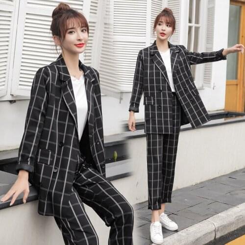 Ladies suit autumn and winter high-end new fashion plaid suit Korean version of the self-cultivation casual nine pants two-piece