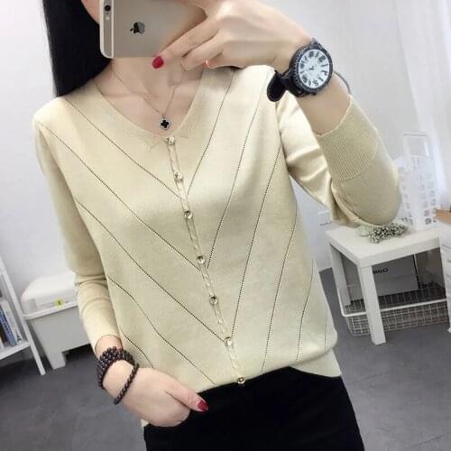 Autumn Spring Style Women Knitted Sweater Pullover Loose Casual V-Neck Long Sleeve Shirt Tops Apricot Female Clothing
