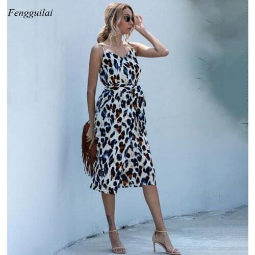 Womens Summer Dress Womens Print Sexy Halter Split Suspender Skirt Summer Dress Casual Leopard Black Suit Spaghetti Belt Cloth