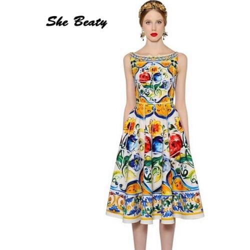 She Beaty Runway Fashion Vintage Floral Printed Dress Women 2021 Summer Sleeveless Traf A-Line High Street Party Dresses Vestido