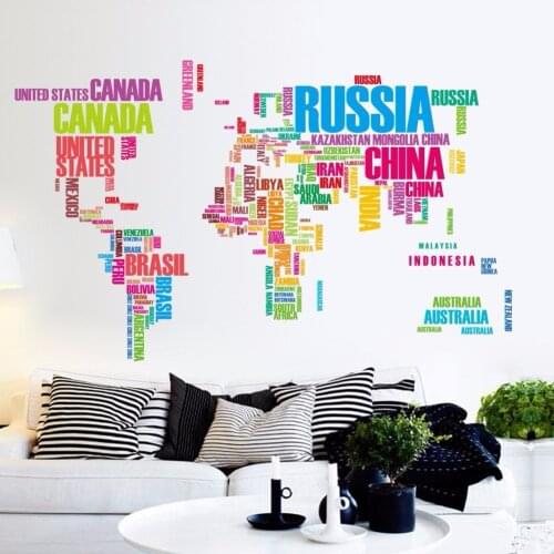 1PCS 122x74cm Fashion Large Colorful Letters World Map Wall Stickers Living Room Home Decorations