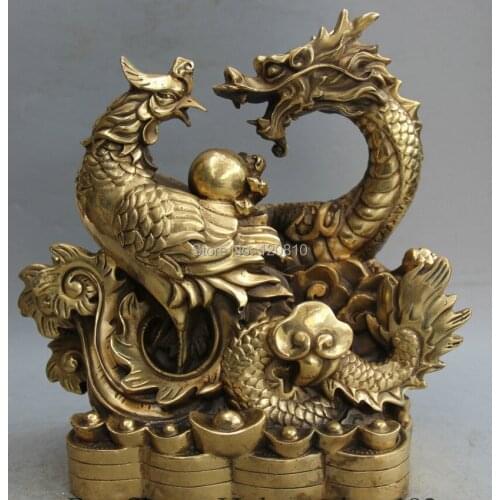 11" Chinese Folk Fengshui Brass Wealth Dragon Phoenix Play Bead Statue Sculpture