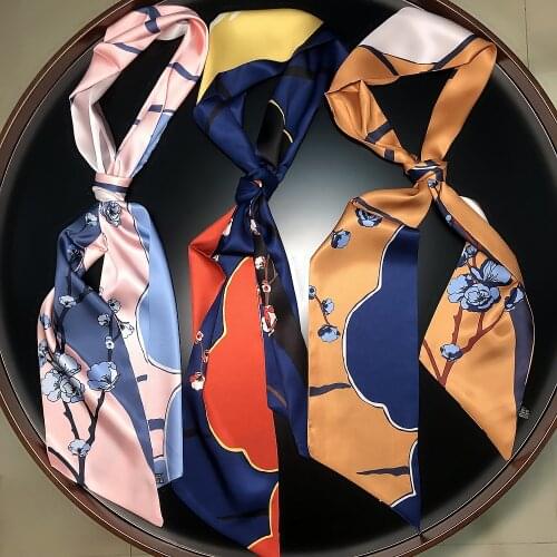 160*13cm New Korean Style Plum Printing Twill Weave Silk Womens Fashion Strip Scarves
