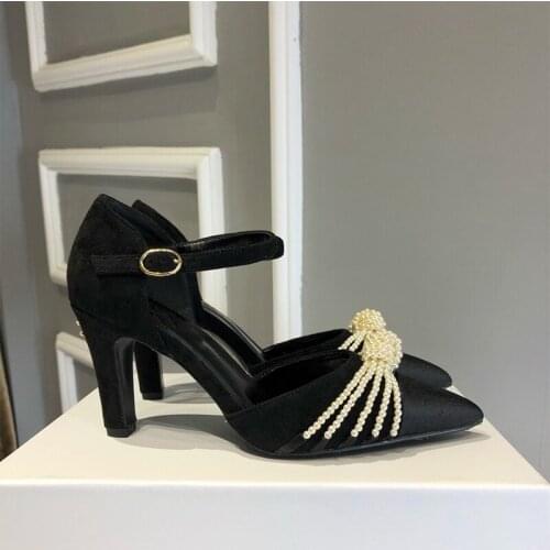 2021Spring Sandals Women Shoes 8cm Heel High Quantity Genuine Leather Buckle Strap Office lady Party Pearl Thin Bead Women Shose