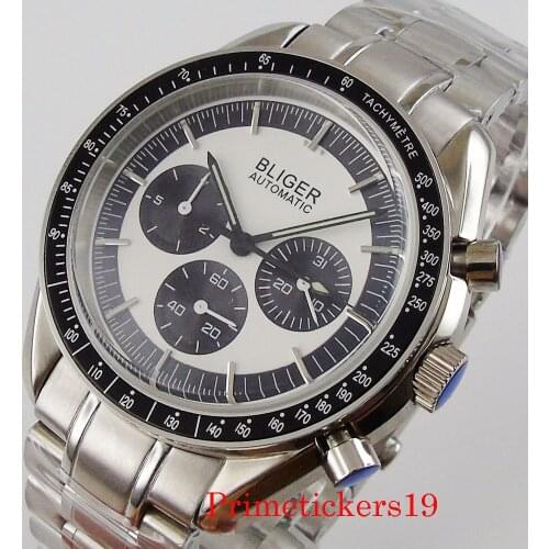 Bliger 40mm white dial mechanical automatic men wristwatch date week display stainless steel strap black bezel